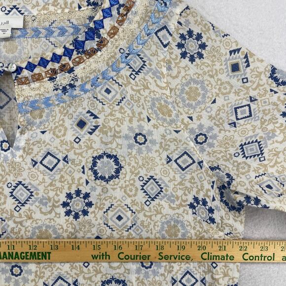 J.JILL Blouse M Boho Tasseled Tunic Embroidered Keyhole Neck 3/4 Sleeve Beige - Picture 10 of 12